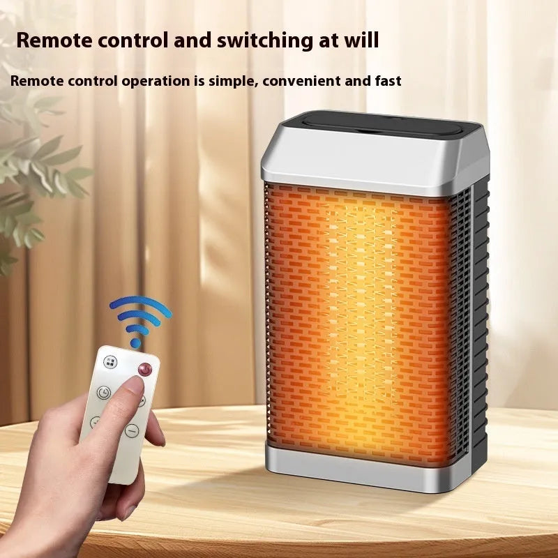 Black remote control desktop space heater with digital display on a wooden desk.
