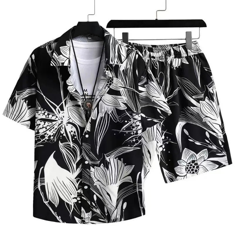 Men's digital print casual suit with cardigan and shorts in four-sided elastic polyester fabric