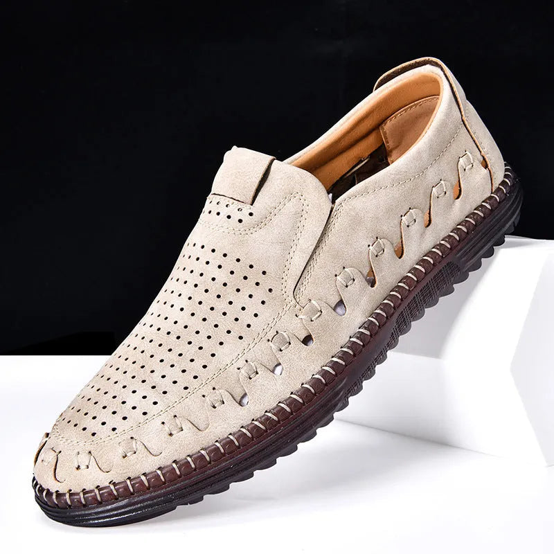 Men's brown slip-on casual shoes with round toe and flat PVC sole showing sewing line detailing