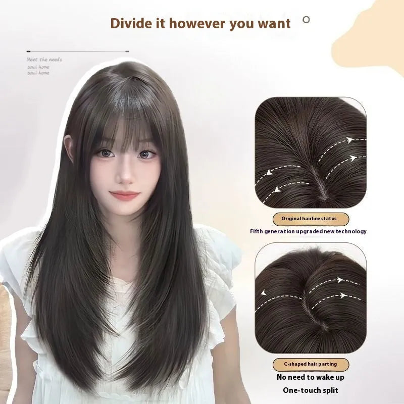 Black long straight high-layered full-head wig on a wear-free hair net base.