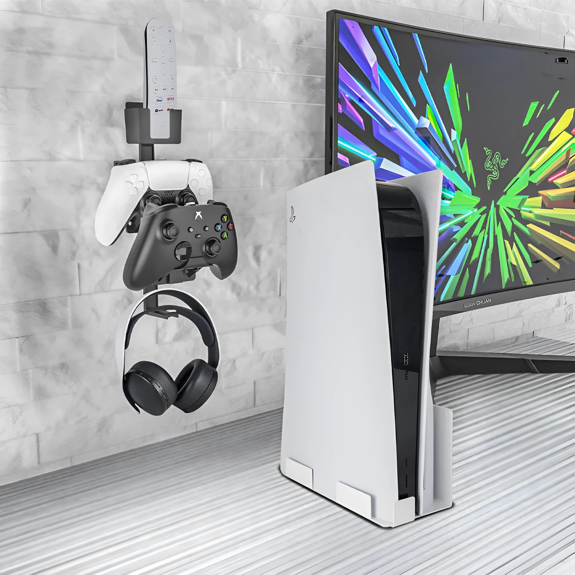 White wall-mounted gaming controller hook for PS5 Xbox Switch remote storage