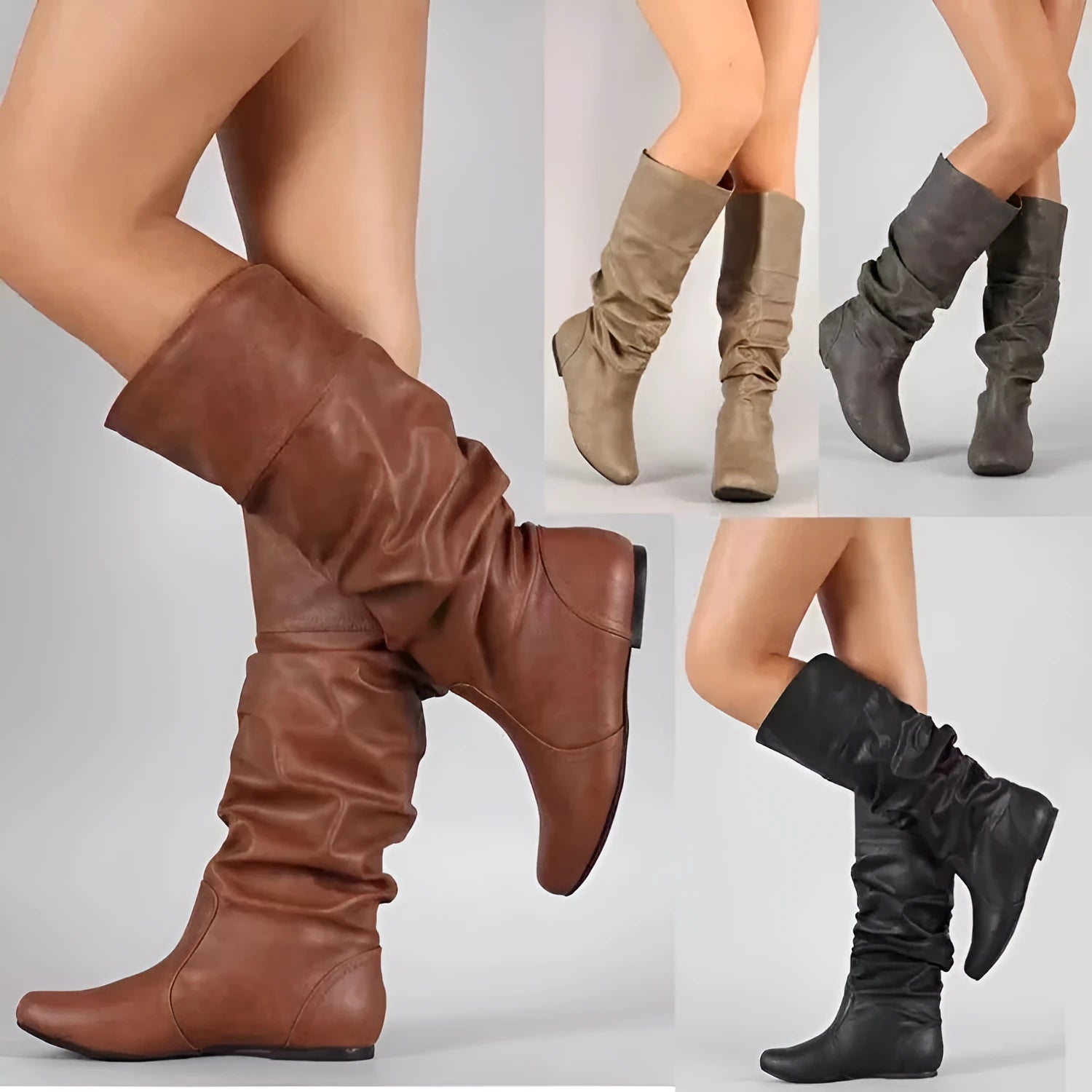Women's black flat slip-on ankle boots with round toe and high shaft on a neutral background
