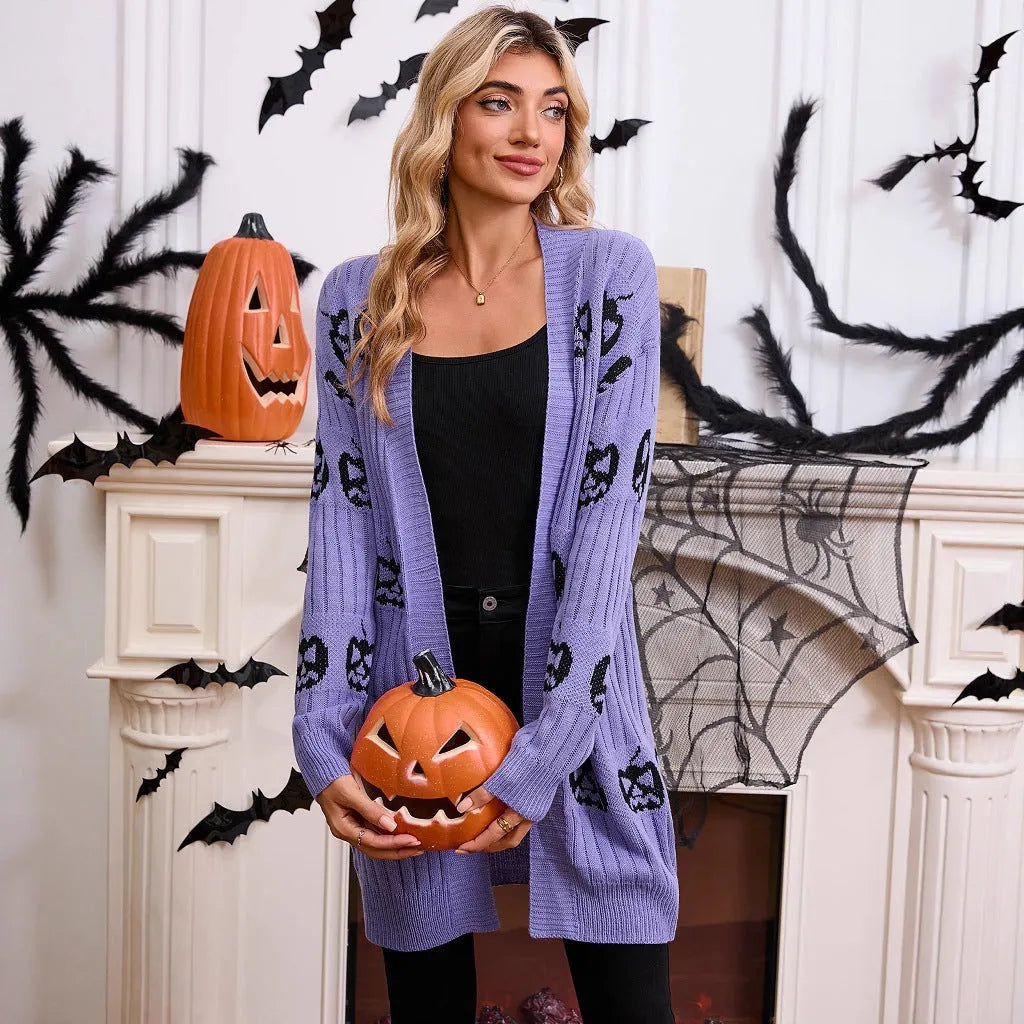 Women's black Halloween cardigan with orange pumpkin head jacquard pattern, straight cut with regular sleeves.