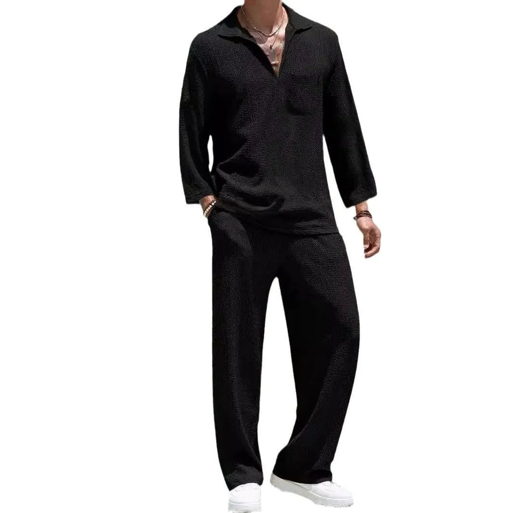 Men's casual polyester shirt trousers suit set in lake blue, khaki, black, or caramel colours