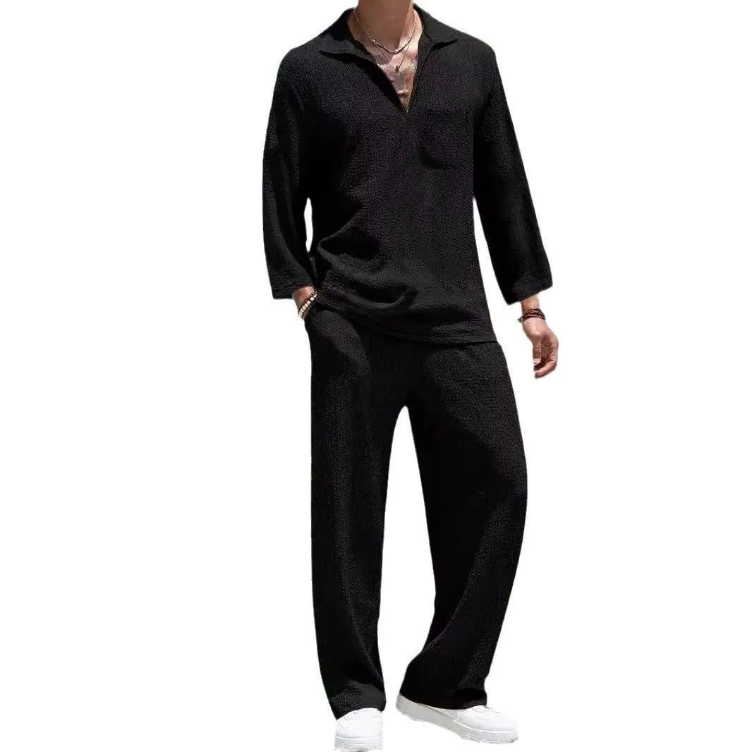 Men's casual polyester shirt trousers suit set in lake blue, khaki, black, or caramel colours