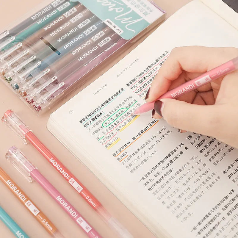 Set of nine solid colour gel pens with 0.5mm needle tips in retro Japanese-style packaging