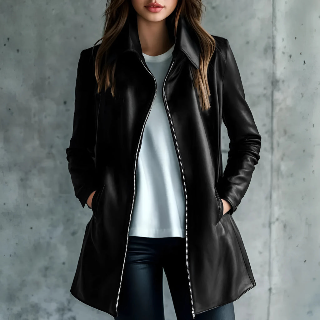 Black women's medium length leather jacket on a hanger
