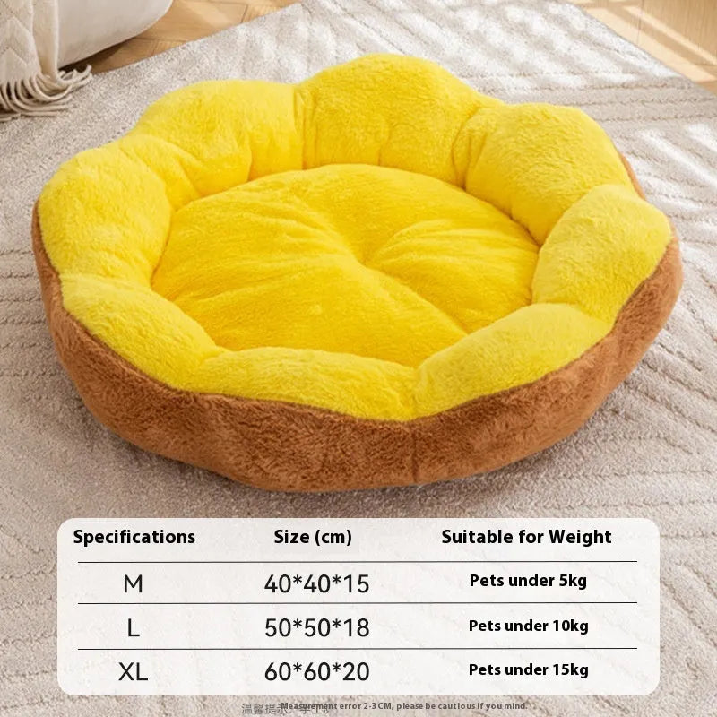 Round rabbit plush cat bed with thick material and detachable washable cover in brown grey colour