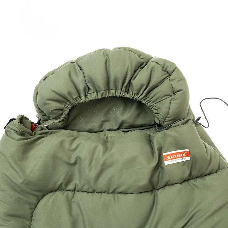 Portable cotton sleeping bag in ochre or olive green colour for camping
