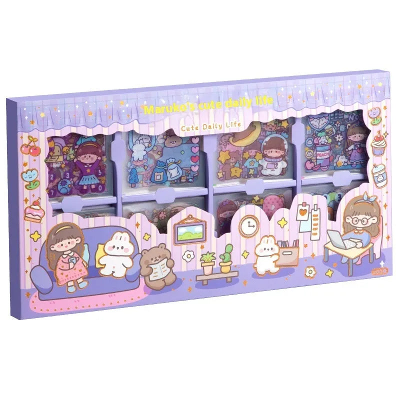 Box of children's cute themed stickers with meatball, star, and diary designs.
