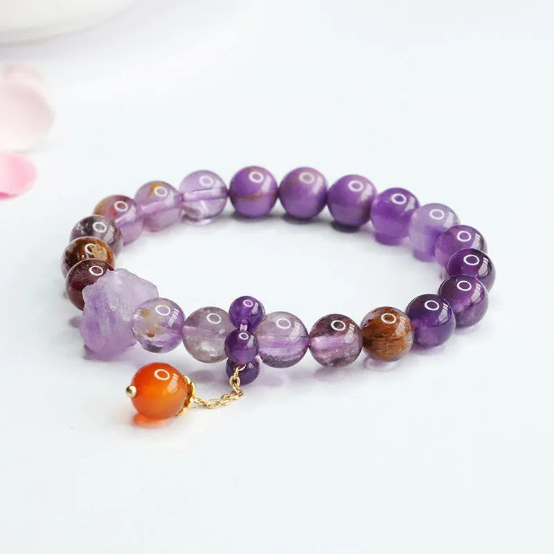 Nine Purple Fire Duobao crystal bracelet with amethyst and red agate stones in Mori style.