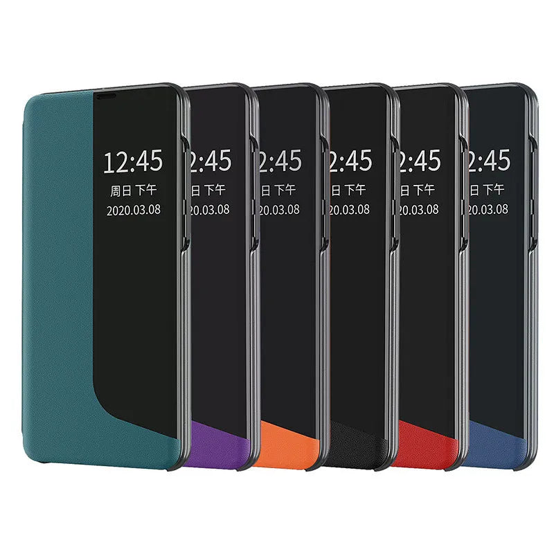 Magnetic side window phone case with flip bracket for Huawei Honor in Still Night Black PC leather