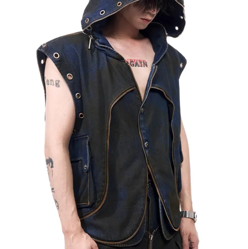 Blue hooded denim vest coat with matching trousers Korean style two-piece set