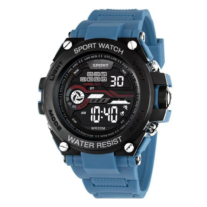 Electronic digital watch for teenagers in multiple colour options on wrist.