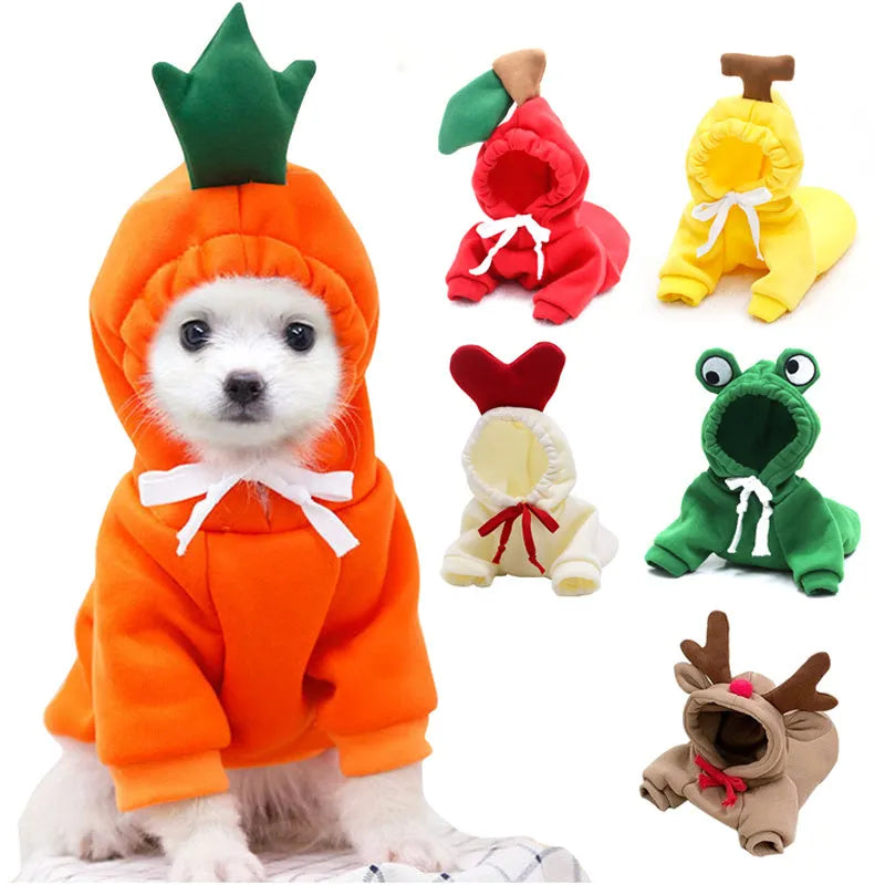 Fleece dog hoodie for small dogs with fruit design and drawstring, sizes XS to 2XL, winter warm pet clothes.