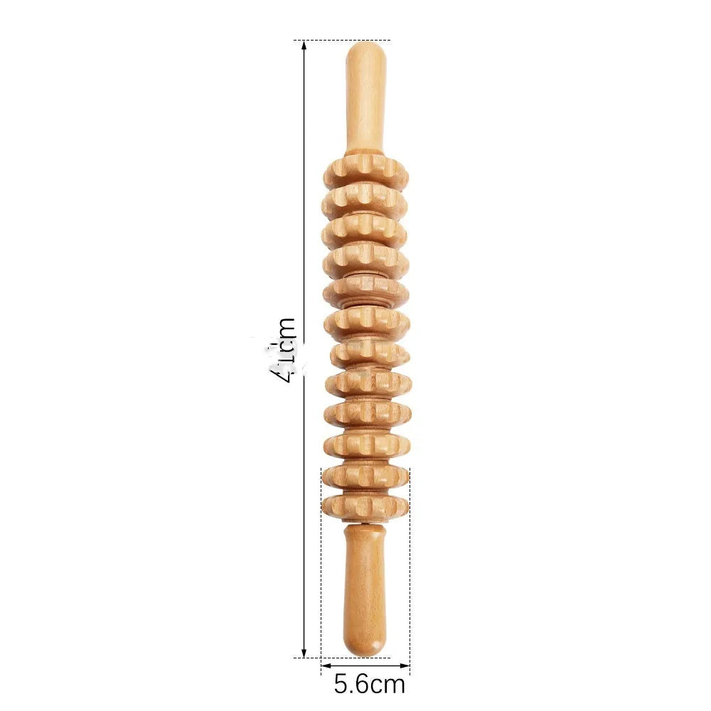 Wooden massage roller set with T-shaped roller and multiple beech wood wheeled massagers