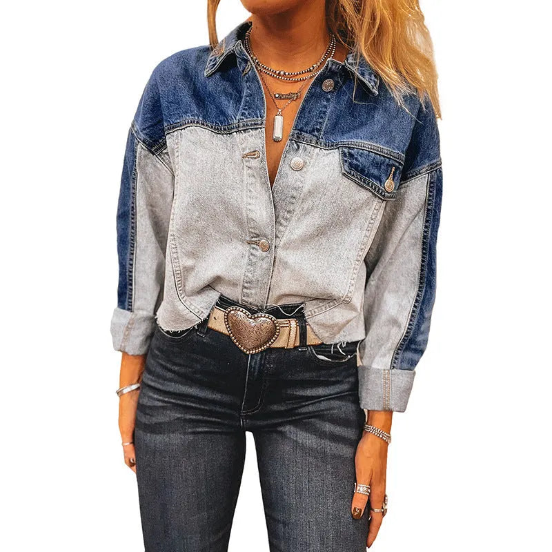 Women's denim coat with single row buckle closure in loose fit casual style