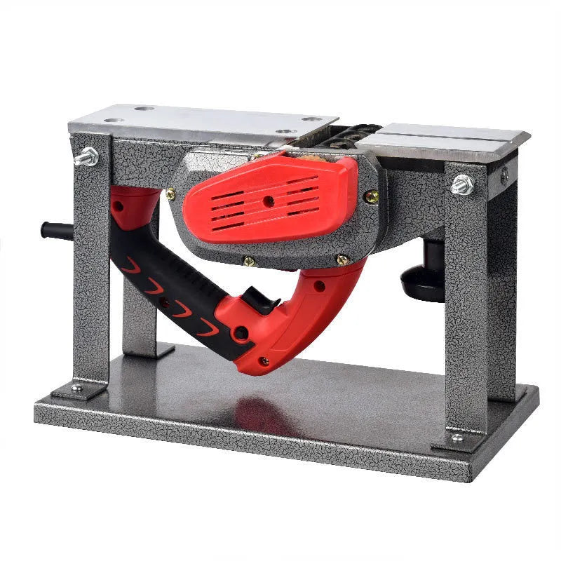 Red desktop electric planer with aluminium housing for woodworking showing 82mm planing width