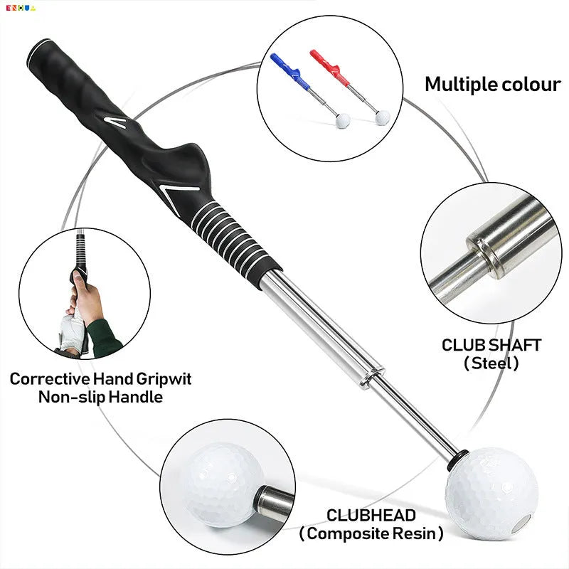 Telescopic golf swing practice trainer with stainless steel shaft in black, blue, and red colour options