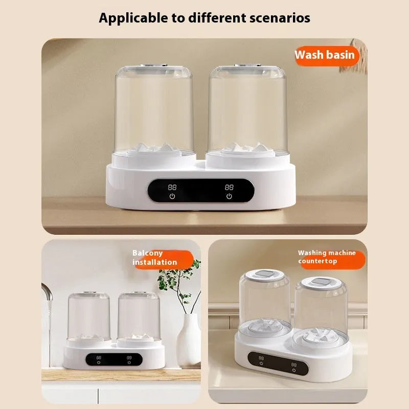 White double bucket mini washing machine with USB cable for portable underwear laundry