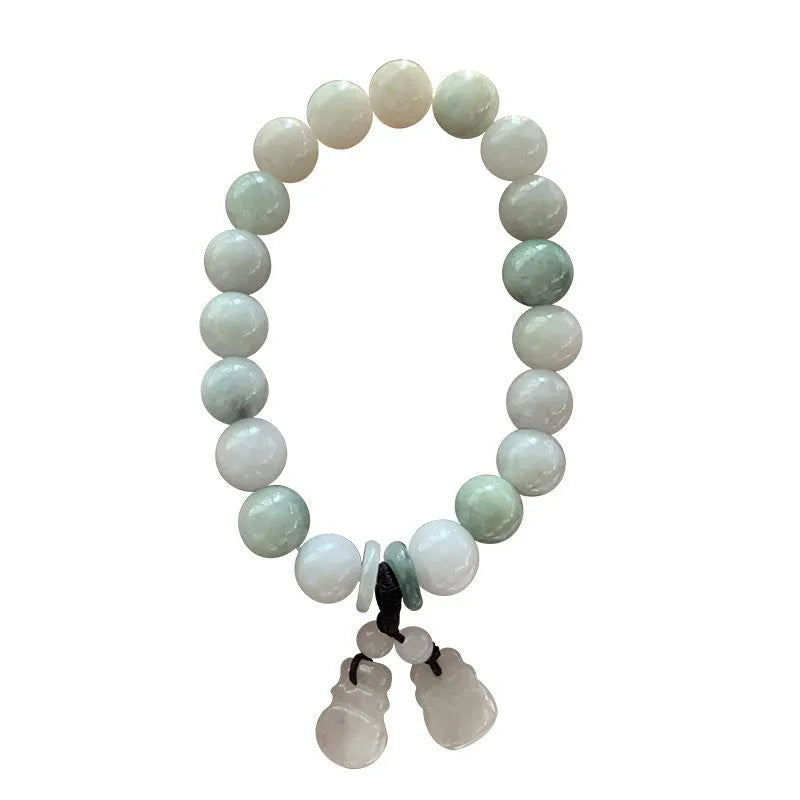 Natural jade bracelet with geometric pendant and hanging charms including Maitreya Buddha, gourd, and double apple designs