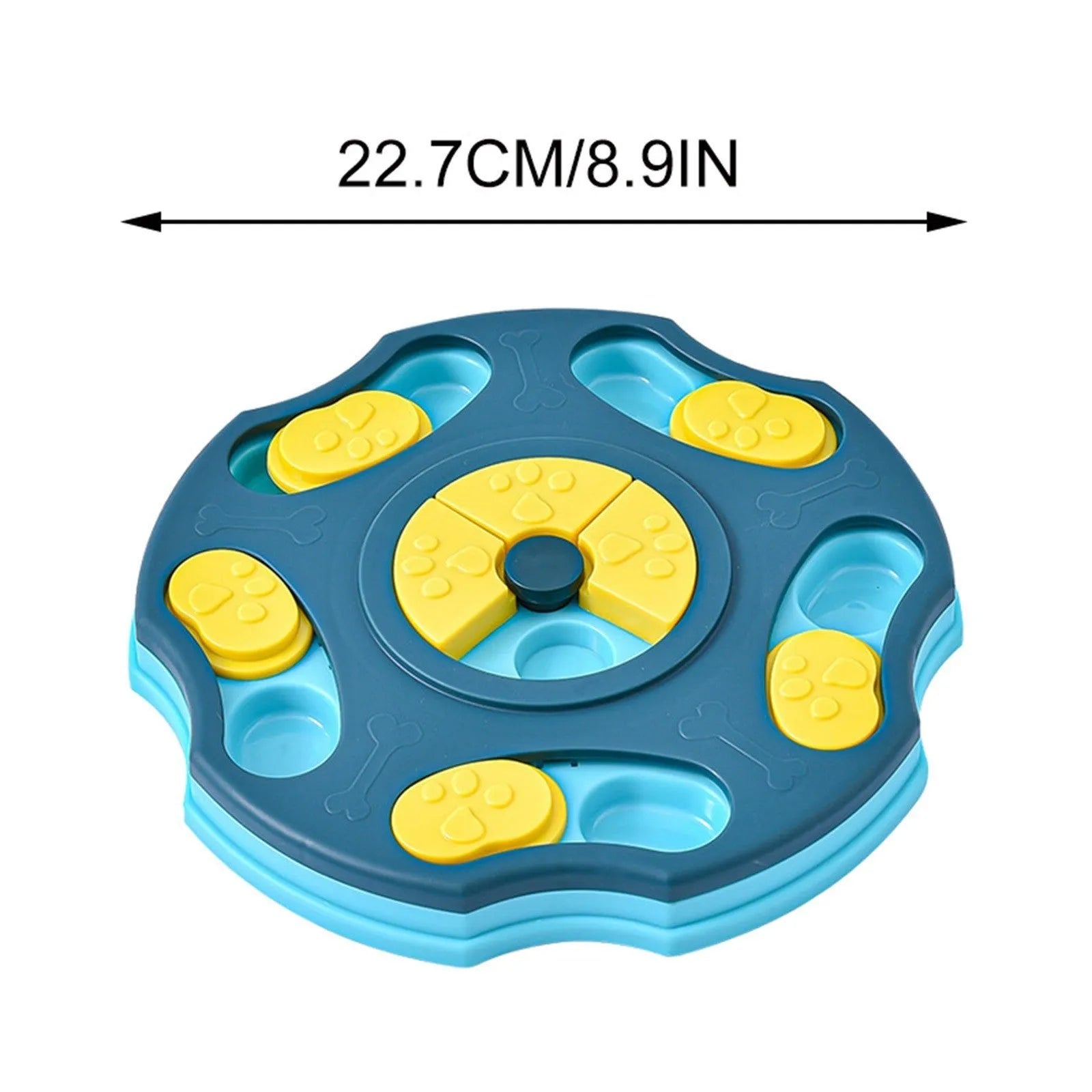 Blue durable plastic dog puzzle toy feeder with interactive food-searching compartments for slow feeding.