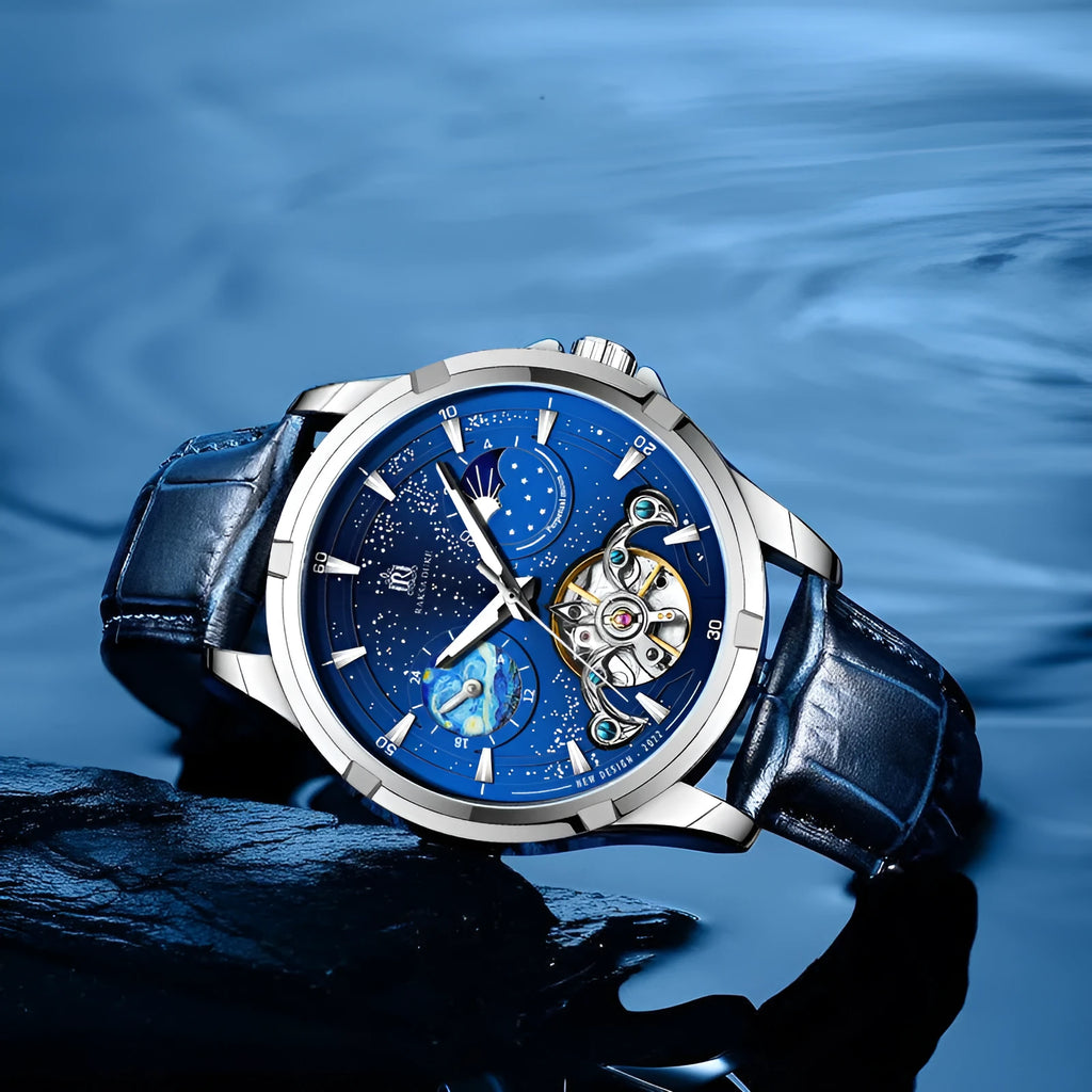 Men's blue automatic mechanical watch with stainless steel case