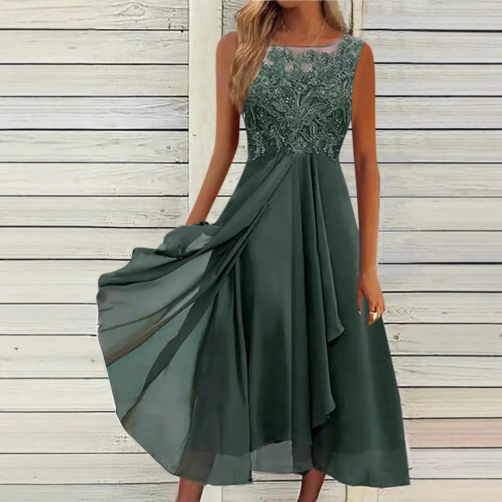 Women's sleeveless chiffon dress with lace hollow-out detailing in princess style