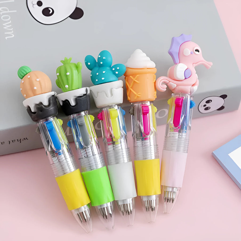 Cartoon four-colour press ballpoint pen with 0.7mm tip showing cactus, fast food, or seahorse design options