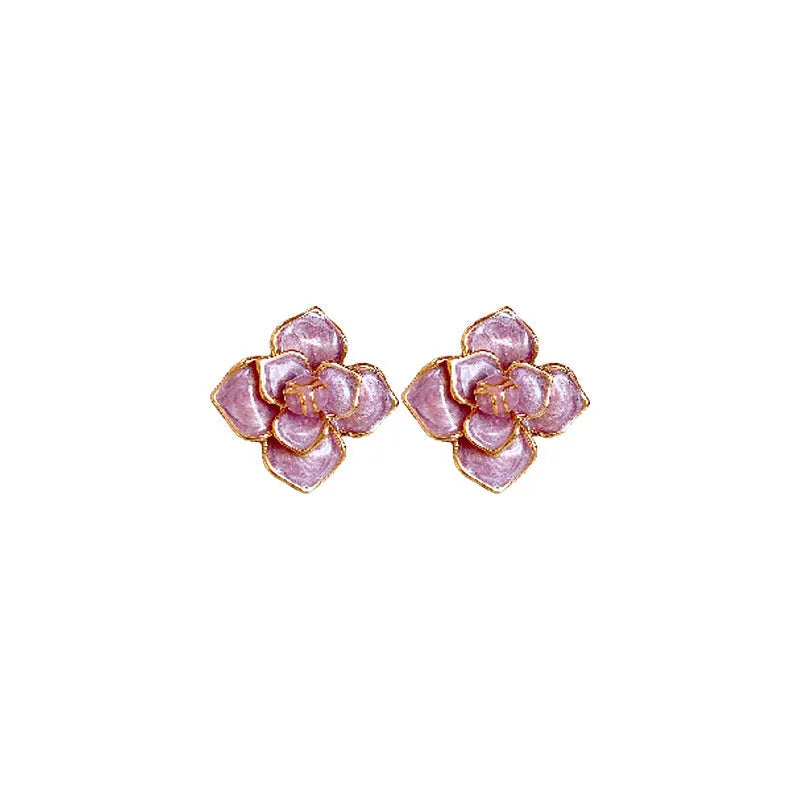Purple oil-spot glaze flower stud earrings with gold plated silver needle elements on copper base