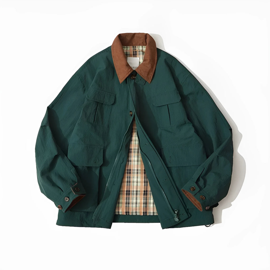 Green and apricot coloured casual jacket with side seam pockets on a mannequin