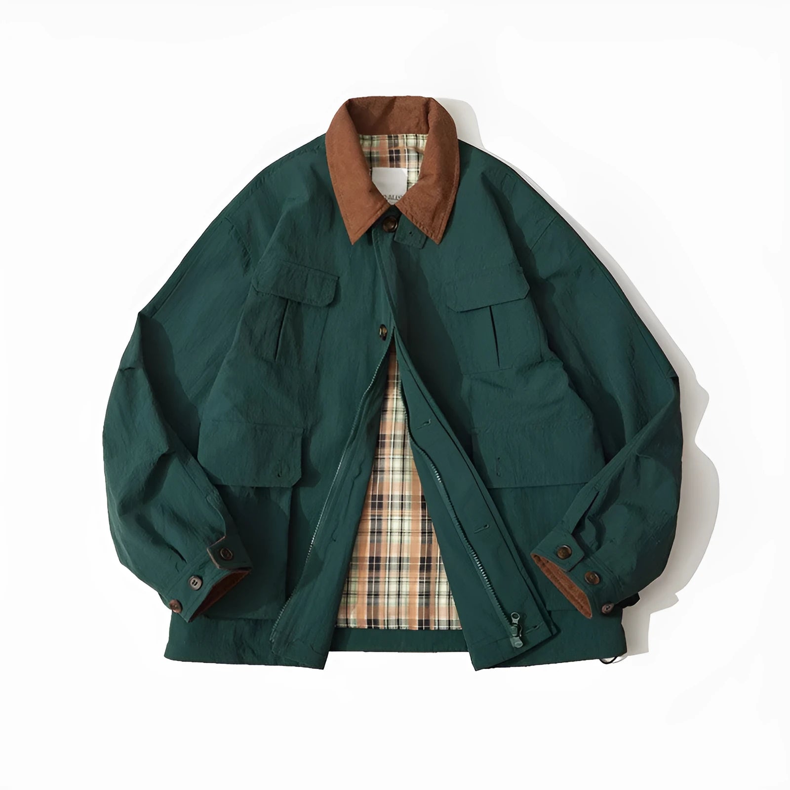 Green and apricot coloured casual jacket with side seam pockets on a mannequin
