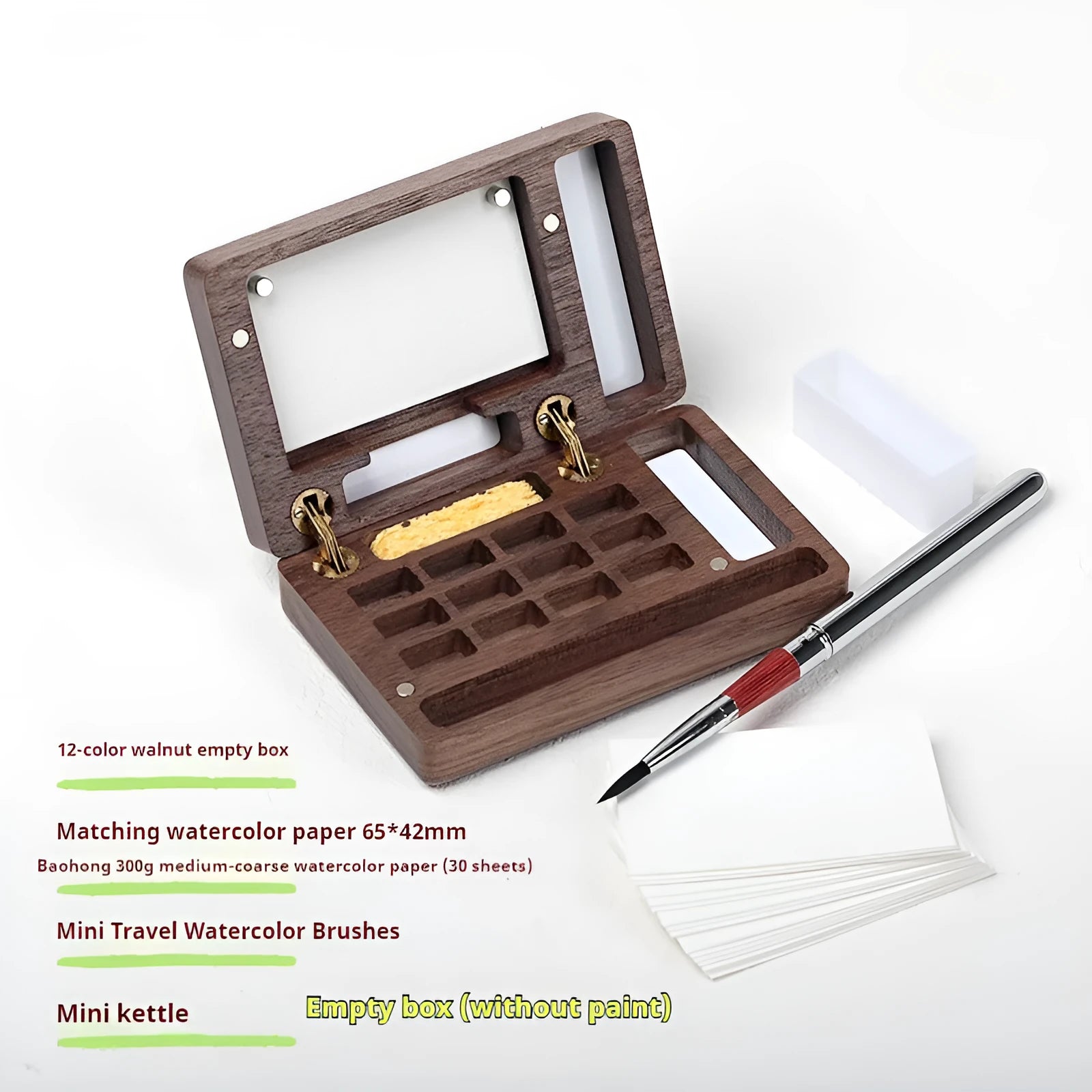 Mini wooden watercolour paint box open to show pigment pans inside.