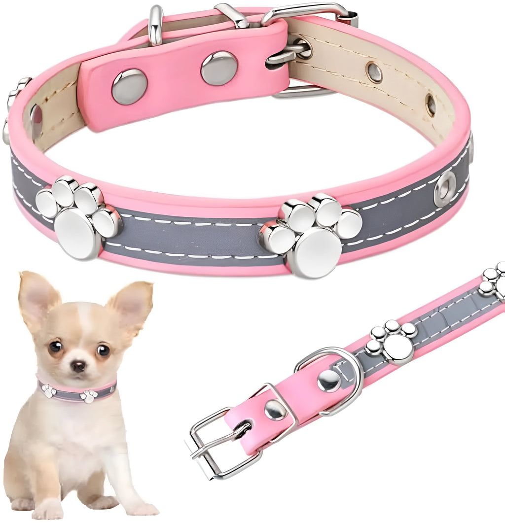 Reflective brown leather dog collar with metal buckle and cute paw-shaped rivet detail.