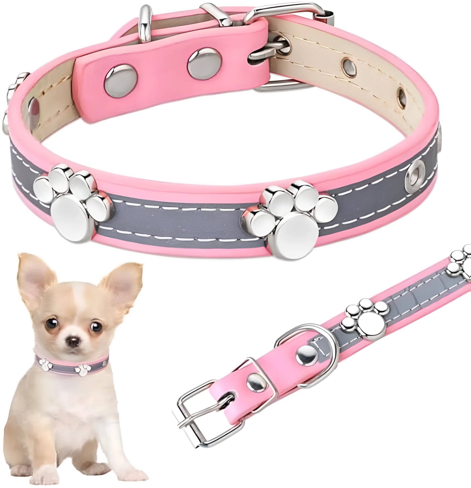 Reflective brown leather dog collar with metal buckle and cute paw-shaped rivet detail.