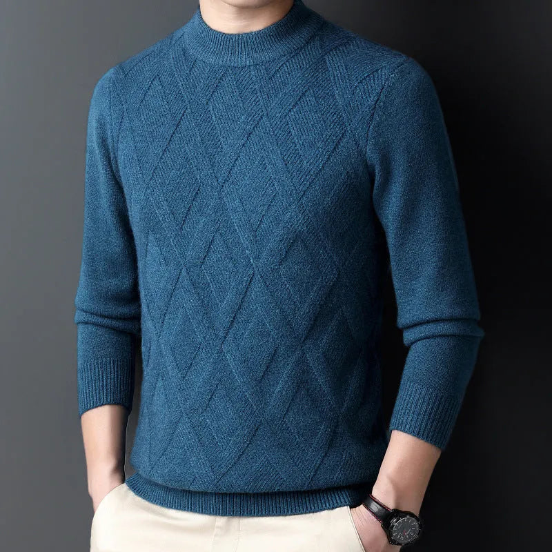 Men's diamond jacquard winter thermal sweater in wool blend fabric shown in light camel colour