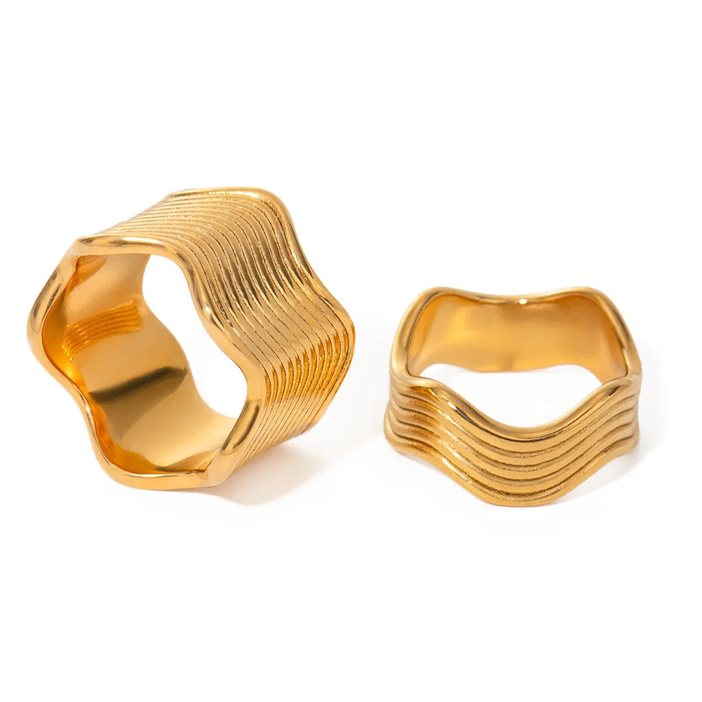 Stainless steel geometric wave pattern ring for women with wide band design