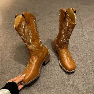 Brown women's mid-calf embroidered Martin boots with leather lining and a square low heel