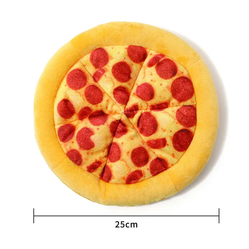Yellow teddy pizza dog chewing toy with bone shape and squeaker
