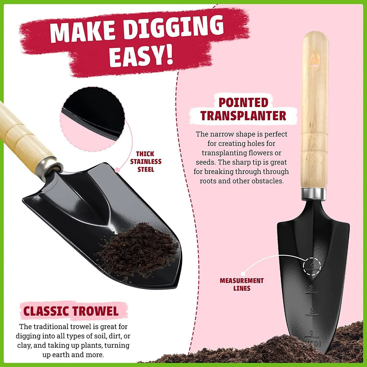 Set of eight stainless steel gardening hand tools including a trowel, weeder, and cultivator on a surface.