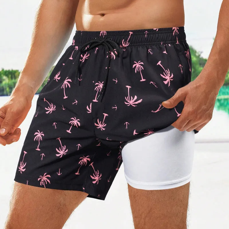 Men's loose quick-drying swimming trunks in floral pattern with boxer-style cut