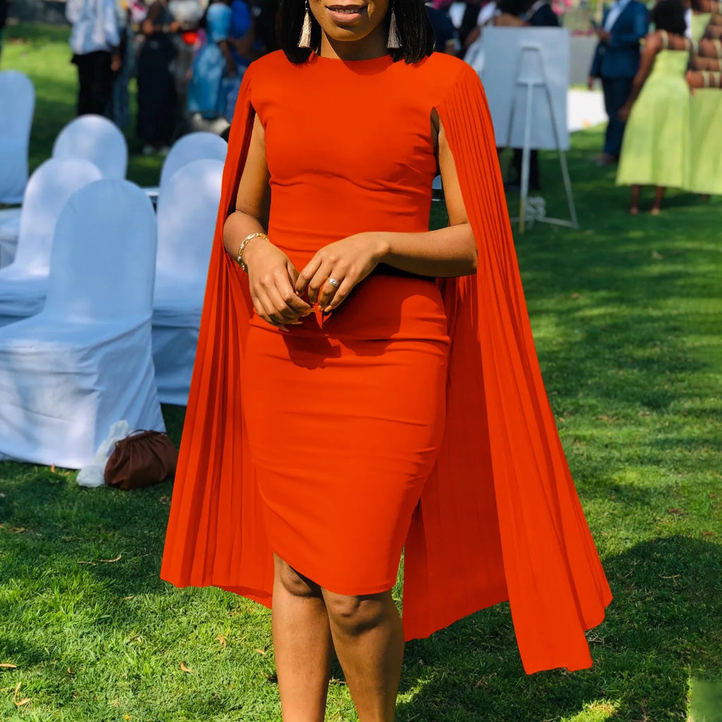 Long sleeve evening gown with pleated shawl collar and high waist in yellow, orange, red or green