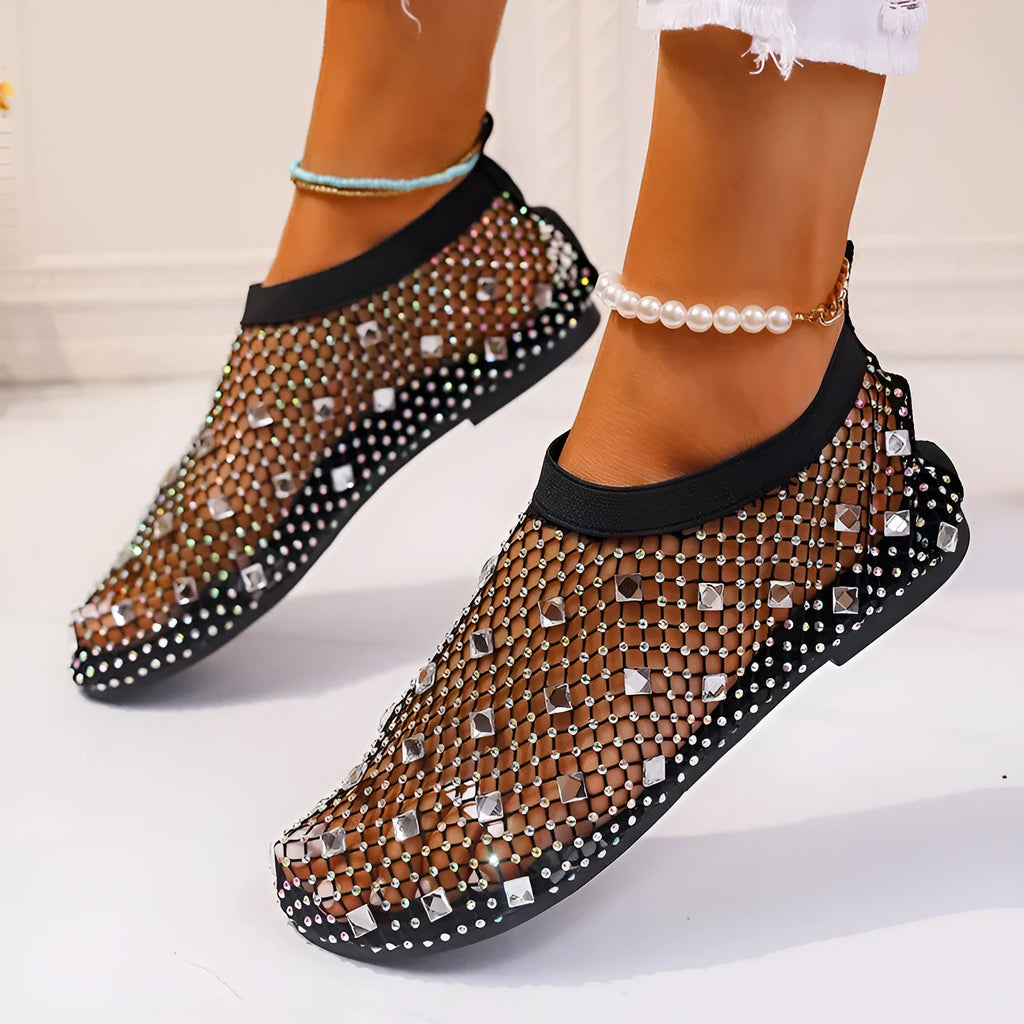 Women's flat sandals with mesh upper and colourful rhinestone decoration, round toe design