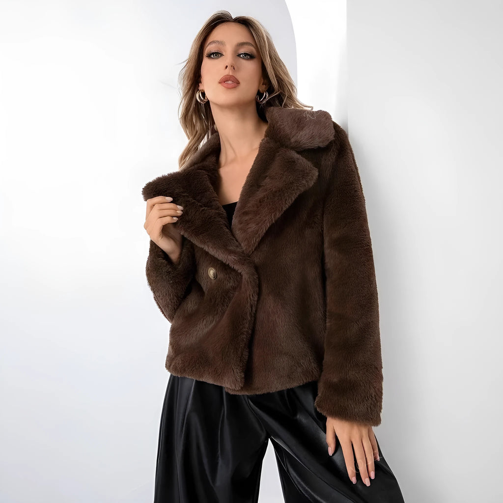 Women's rose red faux fur short coat with regular sleeves and loose fit showing artificial fur texture