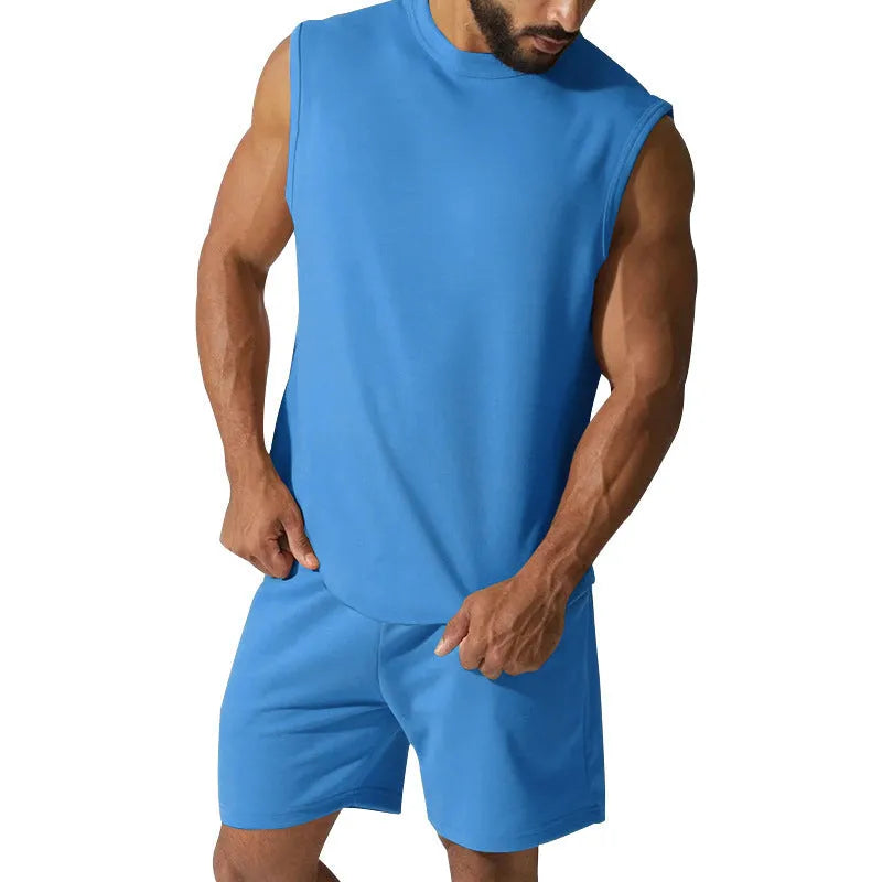 Men's sleeveless cotton-blend sports top and shorts set in a solid colour