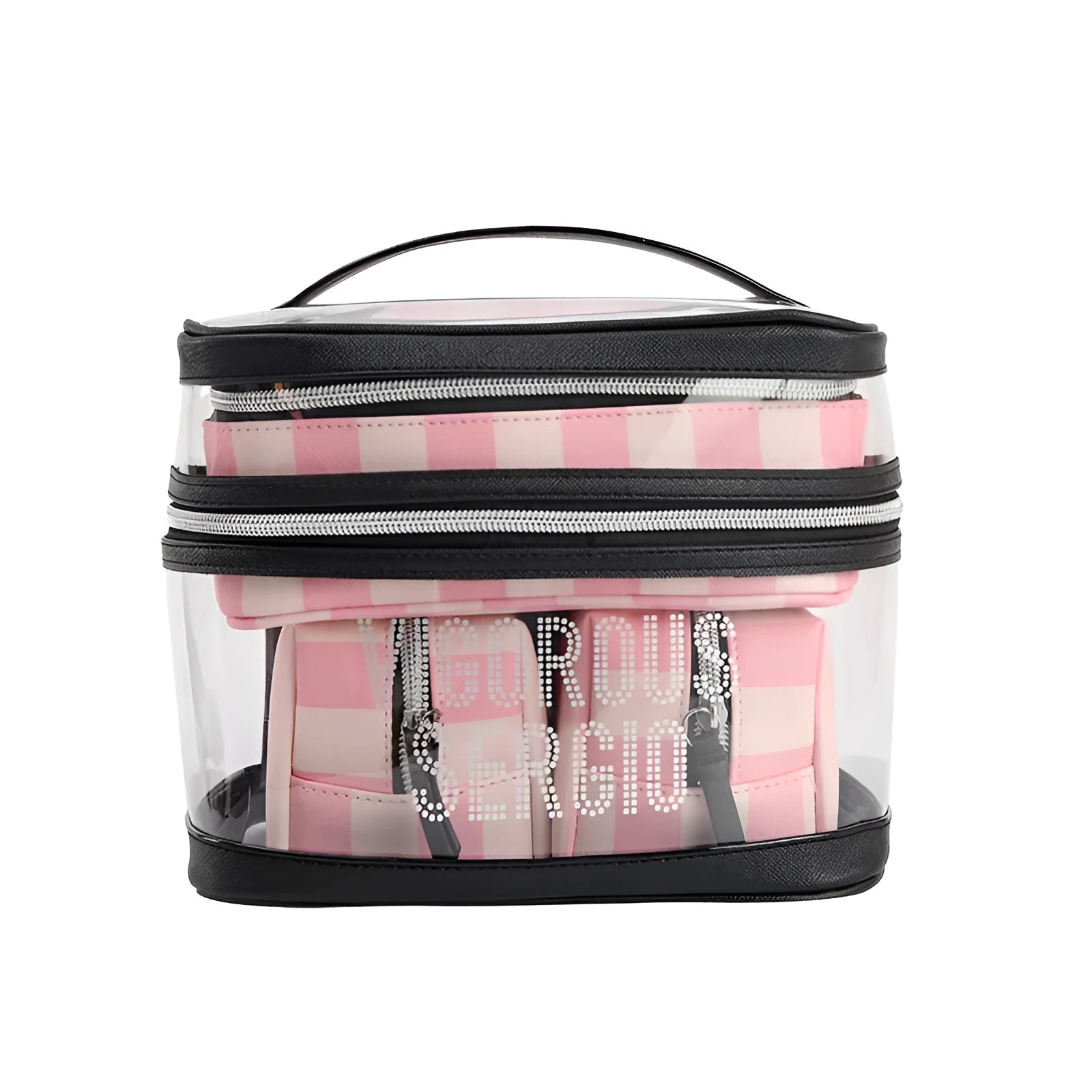 Pink striped floral pattern waterproof synthetic leather makeup bag with nylon lining.