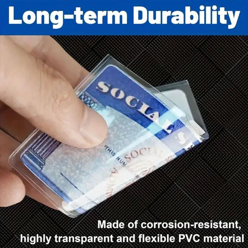Transparent PVC social security card holder wallet, showing dimensions of 9.7 by 5.9 centimetres.