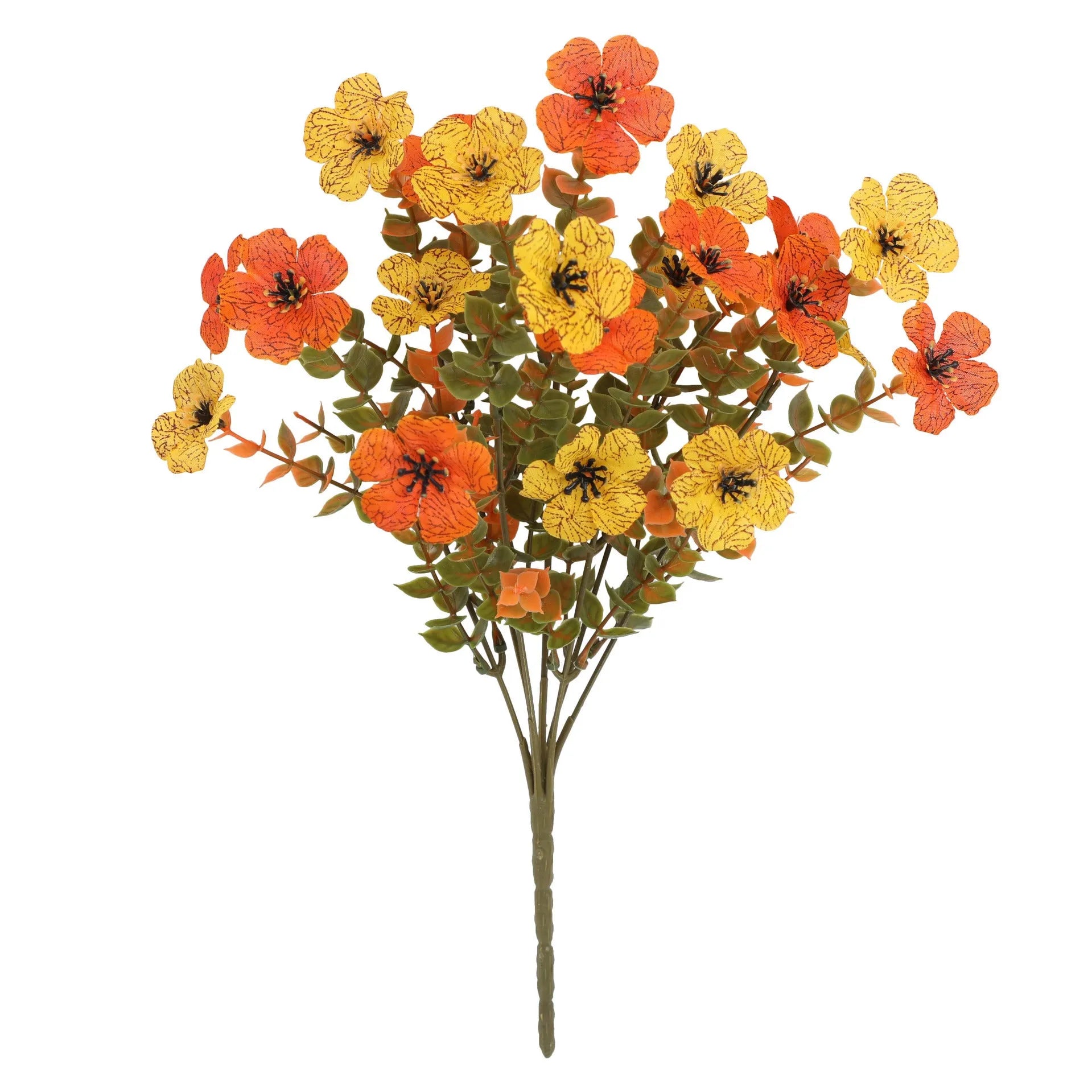 Artificial flower bouquet in autumn orange, red, and yellow colours for home or wedding decoration.