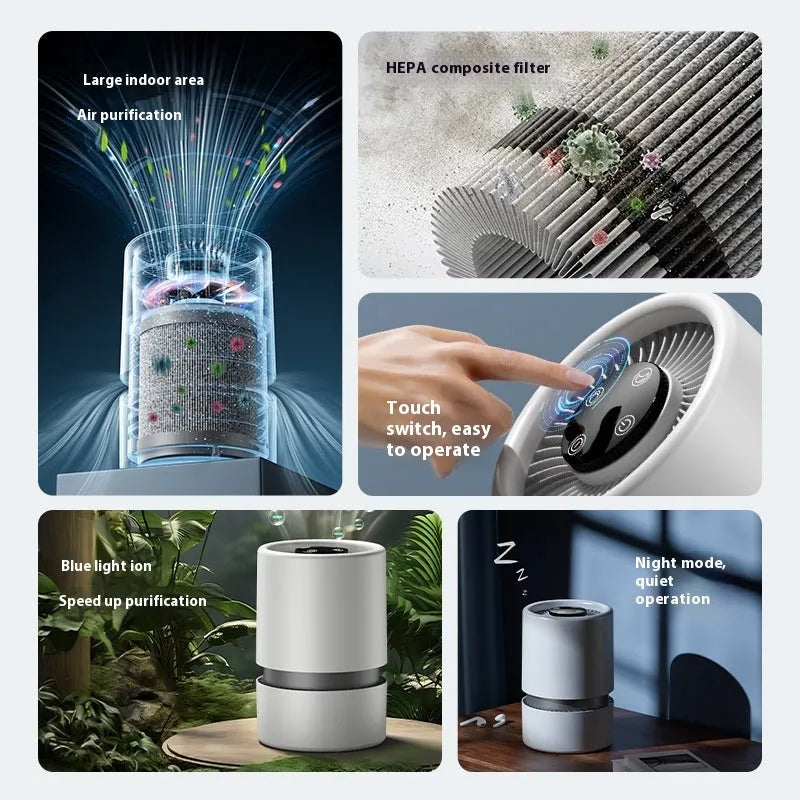 White USB desktop air purifier on a table with Type-C cable and aromatherapy tablets