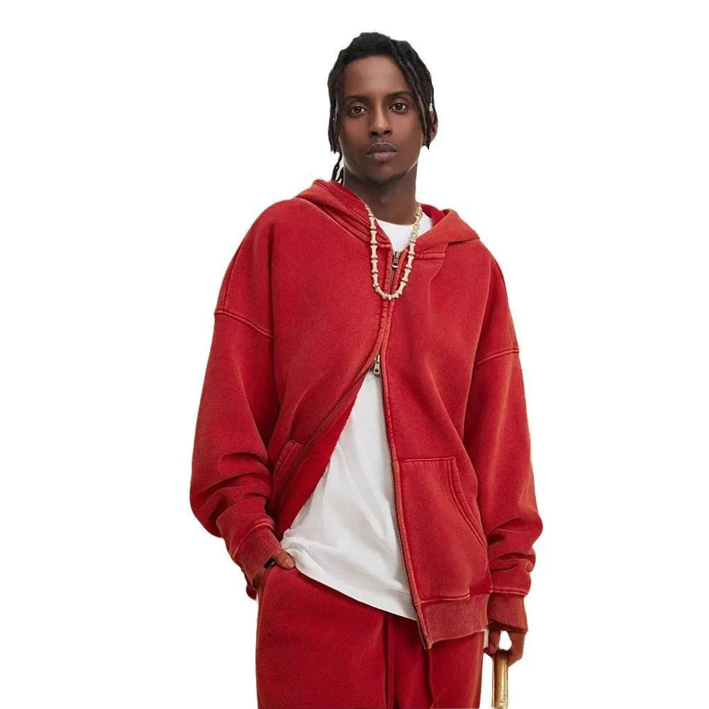 Men's washed cotton hooded cardigan sweater with fleece lining and a double zipper front.